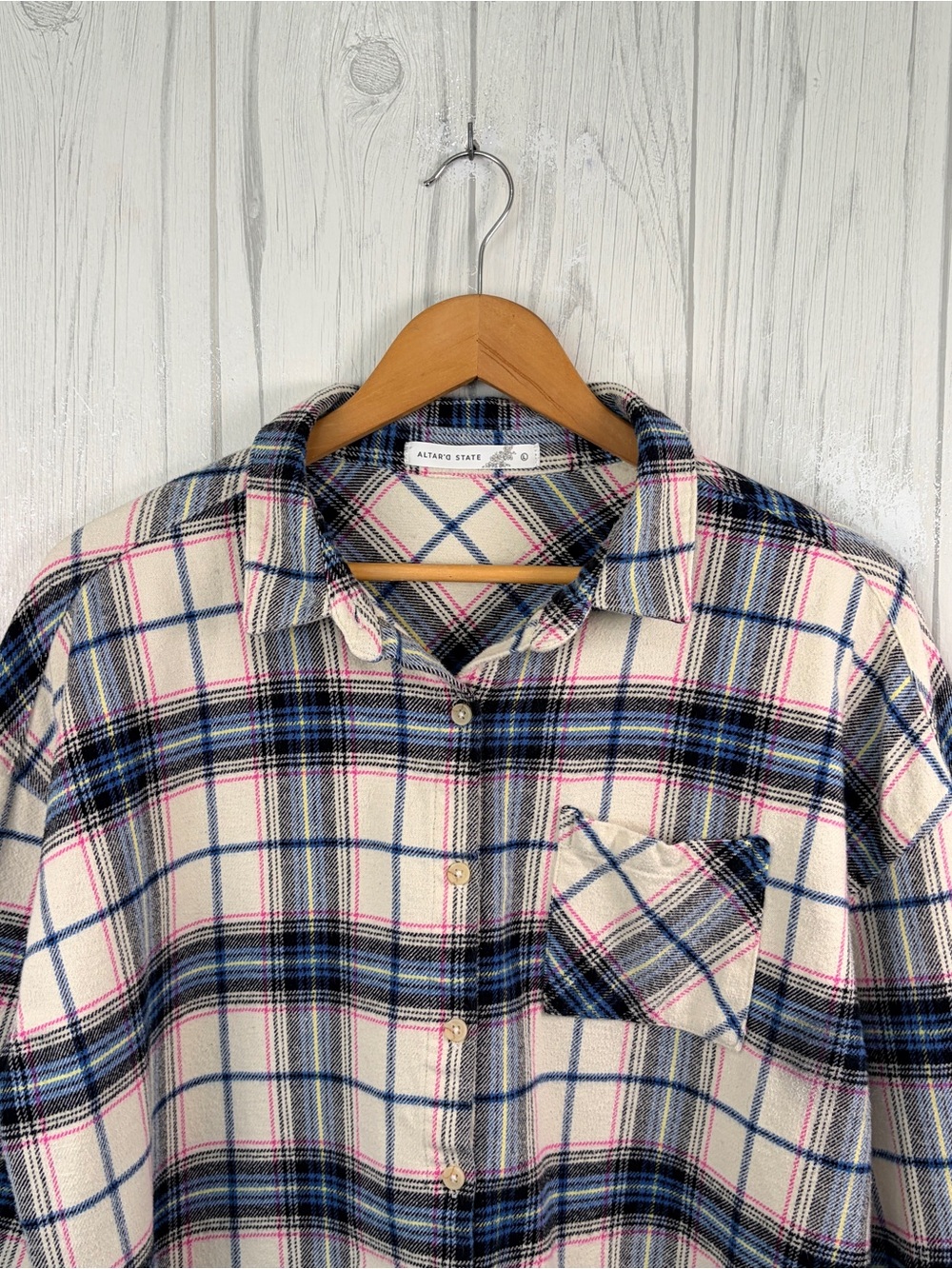 ALTAR’D STATE Cropped Plaid Flannel Button-Up, Large - Picture 2 of 14